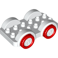Lego Duplo Car Base 2 x 6 - 4 White Wheels with Red Tires on 4 Fixed Axles / White