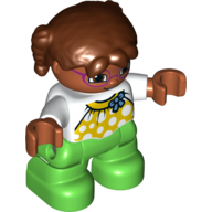Lego Duplo Figure Child with Pigtails Reddish Brown, with Yellow Halter Top with White Dots and Blue Bow over White Long Sleeve Top - Medium Nougat Face with Magenta Glasses - Green Legs / White