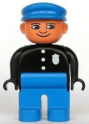 Duplo Figure, Police Officer - Male, Adult Man, Blue Legs, Black Top with Buttons and Badge Pattern, Blue Hat, Nougat Head with Turned Down Nose