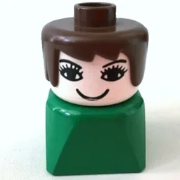 Duplo 2 x 2 x 2 Figure Brick Early, Long Swept Hair Brown, Eyelashes Print / Green