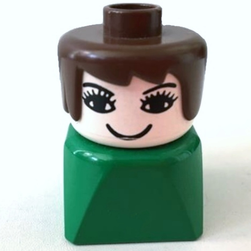 Lego Duplo 2 x 2 x 2 Figure Brick Early, Long Swept Hair Brown, Eyelashes Print / Green