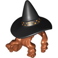 Lego Hair and Hat, Black Witches Hat, Bright Light Yellow Dots print / Dark Orange