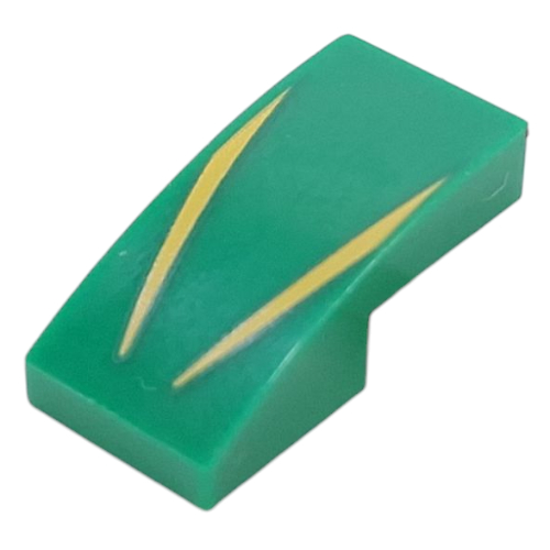 Lego Brick Curved 2 x 1 No Studs with Yellow Lines print / Green