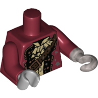 Lego Torso Pirate Jacket with Tan Ascot, Dark Brown Shoulder Strap Print, Dark Red Arms, Light Bluish Gray Hand Right, Flat Silver Hook Left / Dark Red