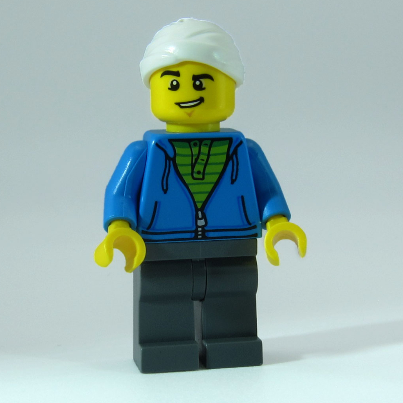 Lego Man, Dark Azure Hoodie over Lime Shirt, Dark Bluish Gray Legs, Head Bandage
