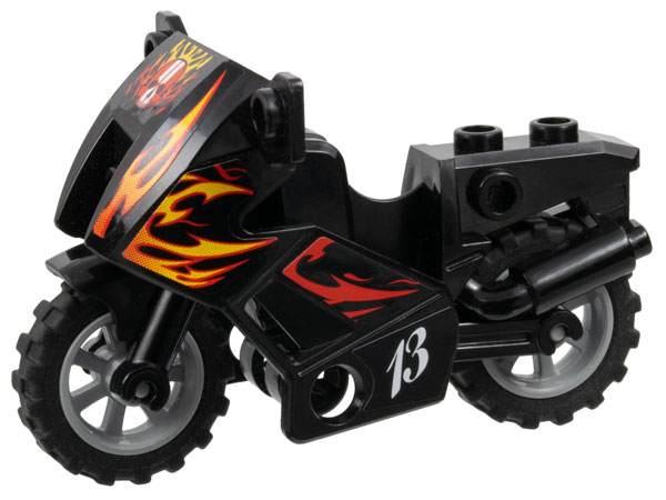 Lego Motorcycle City with Black Chassis, Light Bluish Gray Wheels, and Fairing with Red and Yellow Flames and White '13' Pattern (Stickers) - Set 8896