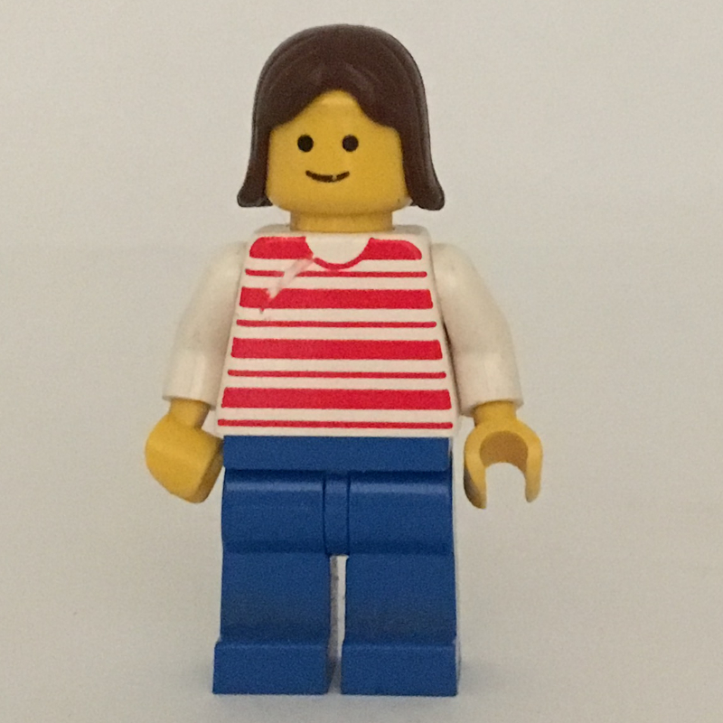 Lego Woman, Red and White Striped Shirt, Blue Legs, Brown Hair
