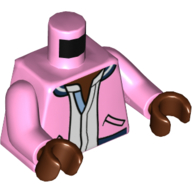 Lego Torso Letterman Jacket, Open over White Tunic Print, Bright Pink Arms, Reddish Brown Hands / Bright Pink