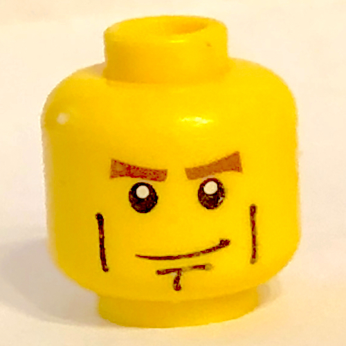 Lego Minifig Head, Brown Eyebrows, White Pupils, Vertical Cheek Lines, Chin Dimple Print / Yellow