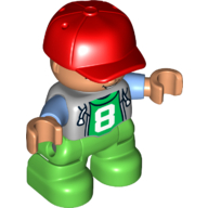 Lego Duplo Figure Child with Cap Red, with Light Bluish Gray Top with Medium Blue Sleeves over Green Shirt with '8' - Nougat Face and Hands - Green Legs / Light Bluish Gray
