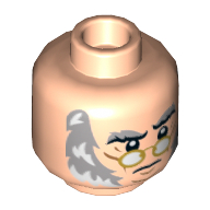 Lego Minifig Head Ebenezer Scrooge, Gold Glasses, Gray and White Sideburns, Stern Print / Light Nougat