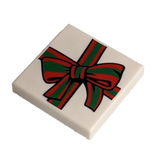 Lego Tile 2 x 2 with Red and Green Ribbon with Bow (Gift) Print / White