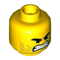 Minifig Head Rex Dangervest, Dual Sided, Eyebrows, Stubble, Open Smile / Open Mouth Angry Print [Hollow Stud] / Yellow