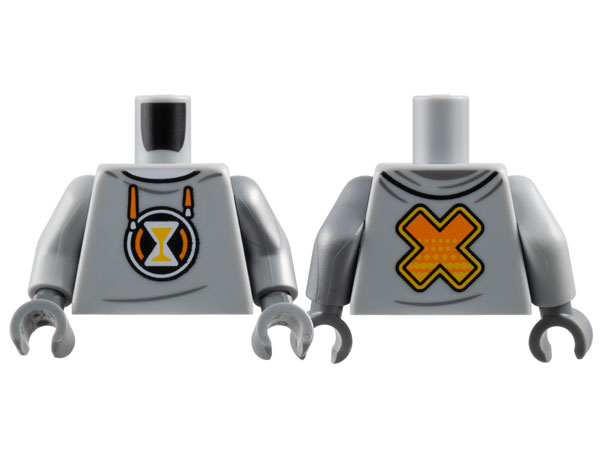 Lego Torso Hoodie, Orange Drawstrings, White Hourglass with Bright Light Orange Sand, 'X' on Back Pattern / Flat Silver Arm Left / Light Bluish Gray Arm Right / Flat Silver Hand Left / Dark Bluish Gray Hand Right