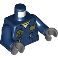Lego Torso Flight Suit Jacket with Name Tag and Police Badge, Zippered Pockets Print, Dark Blue Arms, Dark Bluish Gray Hands / Dark Blue