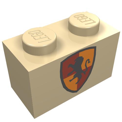 Lego Brick 1 x 2 with Black Lion on Red/Gold Shield Print / Tan