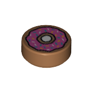 Lego Tile Round 1 x 1 with Doughnut with Dark Pink Frosting and Sprinkles Print / Medium Nougat