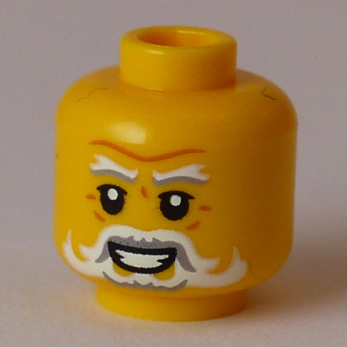 Lego Minifig Head Hibernus, White and Grey Eyebrows, Bears, Moustache, Smile with Teeth / Angry / Yellow