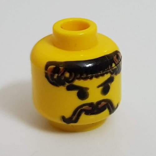 Lego Minifig Head Knight / Blacksmith, Moustache and Curly Brown Hair Print [Blocked Open Stud] / Yellow