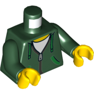 Lego Torso Hoodie with Silver Zipper and Green Ties and Pockets over White Shirt Print, Dark Green Arms, Yellow Hands