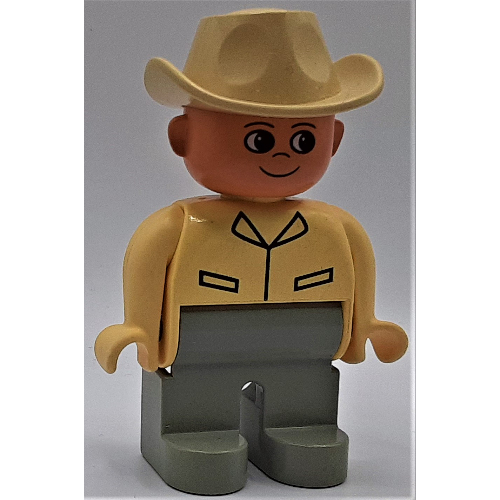 Lego Duplo Figure, Early, Cowboy Hat Tan, Light Gray Legs, Shirt Print / Tan