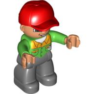Lego Duplo Figure with Cap Red, with Bright Green Long Sleeve Shirt with Light Orange Collar and Pocket Flaps - Nougat Face with Open Mouth Smile - Dark Bluish Gray Legs / Bright Green