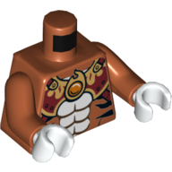 Lego Torso Bare Chest with Tiger Stripes, Dark Red and Gold Armor with Straps and Fire Chi Emblem Print, Dark Orange Arms, White Hands / Dark Orange