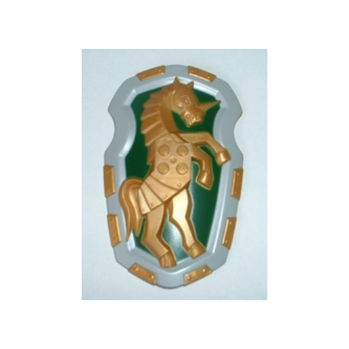 Lego Large Figure Shield, 2 x 2 Brick Relief, Armored Horse (Unicorn) with Dark Green and Light Bluish Gray Print / Pearl Gold