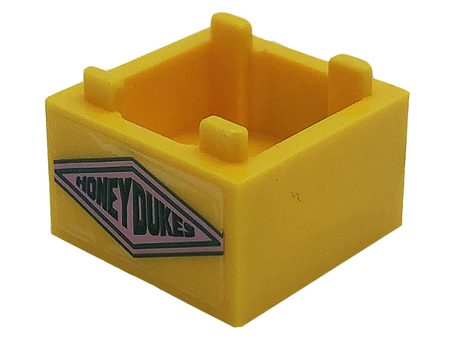 Lego Container, Box 2 x 2 x 1 - Top Opening with Flat Inner Bottom with Dark Green 'HONEYDUKES' on Bright Pink Diamond Pattern on Both Sides (Stickers) - Set 76388