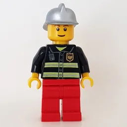 Fireman, Black Fire Jacket with Reflective Stripes, Radio, and Badge, Red Legs, Silver Helmet