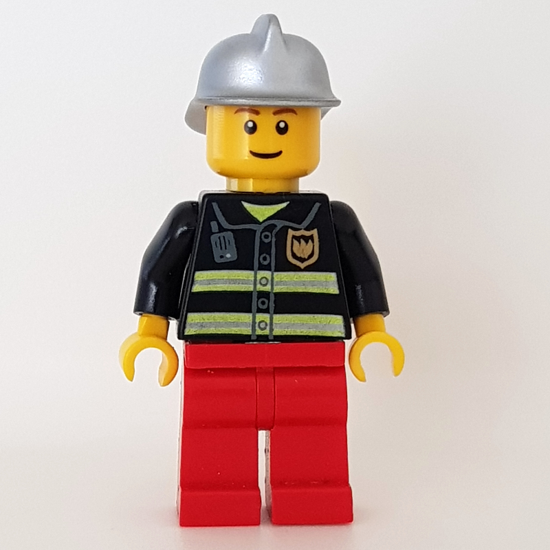 Lego Fireman, Black Fire Jacket with Reflective Stripes, Radio, and Badge, Red Legs, Silver Helmet