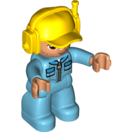 Lego Duplo Figure with Headset and Cap Yellow, with Medium Azure Legs and Arms, Jacket with Pockets and Zipper Print / Medium Azure