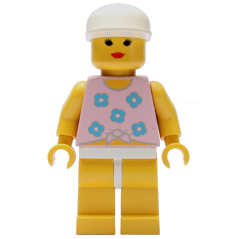 Lego Woman, Tied Pink Tank Top with Flowers, Yellow Legs, White Cap