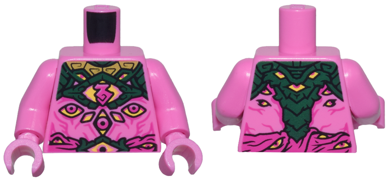 Lego Torso Gold and Dark Green Armor Plates over Bare Skin with Muscles, Wrap Belt, Magenta and Yellow Eyes Pattern / Dark Pink Arms / Dark Pink Hands