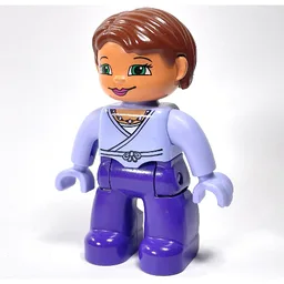 Duplo Figure Bob / Pageboy Hair Reddish Brown, with Dark Purple Legs, Wrap Top with Necklace, Light Lilac Hands / Light Lilac