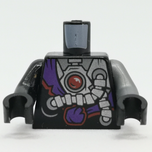 Lego Torso, Odd Arms, Dark Purple Sash, Gear, Rod Light Print, Left Flat Silver Arm, Right Black Arm, Black Hands / Black