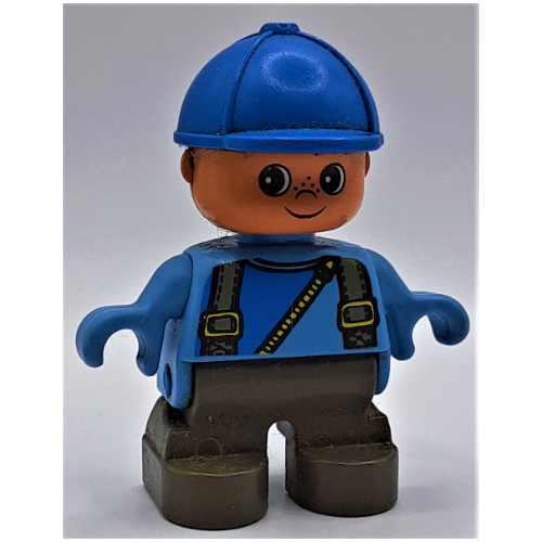 Lego Duplo Figure, Early Child, with Helmet Blue, Dark Gray Legs, Straps and Zipper Print / Blue