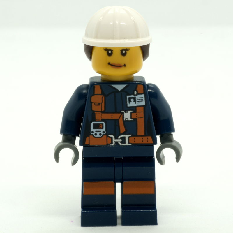 Lego Miner, Woman, Dark Blue Jacket with Straps and ID Badge, White Hard Hat with Hair