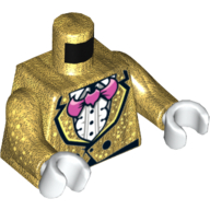 Lego Torso Jacket with White Speckles over Ruffled Shirt, Pink Bat Bow Tie, Two Buttons Print (Batman), Pearl Gold Arms with Speckles Print, White Hands / Pearl Gold