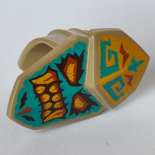 Lego Mask Tribal with Bright Light Yellow Eyes, Teeth, Dark Turquoise Background print / Dark Tan