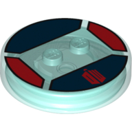 Lego Function Brick Round 4 x 4 x 2/3 with 2 Studs and Dark Red 'DW' Print / Trans-Light Blue