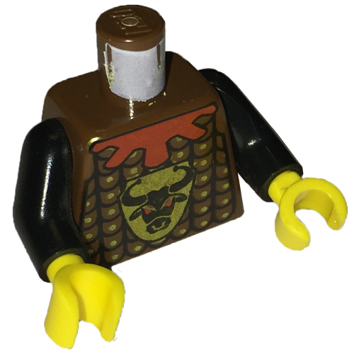 Lego Torso Armor, Studded with Bull's Head and Red Collar Print, Black Arms, Yellow Hands / Brown