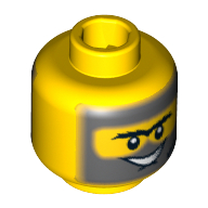 Lego Minifig Head Duke, Connected Brow with Dark Bluish Gray Beard, Sideburns, Hair and Black Scar, Grin / Clenched Teeth Print / Yellow