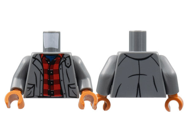 Lego Torso Jacket, Red and Dark Red Flannel Shirt Pattern / Dark Bluish Gray Arms / Dark Orange Hands