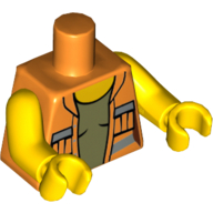 Lego Torso Safety Vest with Reflective Stripes, Open over Olive Green Shirt Print, Yellow Arms and Hands / Orange
