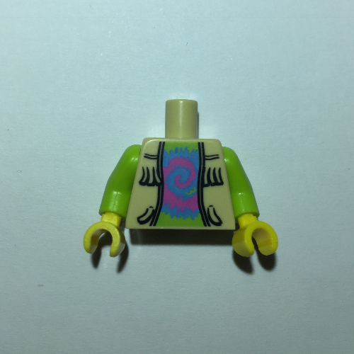 Lego Torso Vest with Fringe over Lime Top with Pink and Blue Swirl Print, Lime Arms, Yellow Hands / Tan