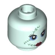 Lego Minifig Head Sally, Big Eyelashes, Medium Blue Eyes, Dark Red Lips, Stitches, Closed Mouth/Open Mouth / Light Aqua