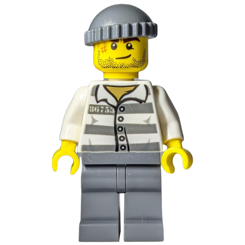 Lego Criminal, Prison Shirt with #86753, Dark Bluish Gray Legs, Dark Bluish Gray Hat, Stubble and Scar