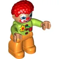 Duplo Figure with Clown Hair Red, with Painted Face, 3 Buttons and Flower on Shirt Print, and Orange Legs / Lime