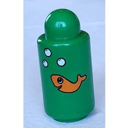 Primo Brick Round 1 x 1 x 2 with Shaker Top, Orange Fish and Bubbles Print / Green